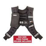 SMAI Weighted Vest - Black with white stripes, built-in phone holder, and red banner: "5KG SIZE FREE PHONE HOLDER INCLUDED." Adjustable vest suits all fitness levels.