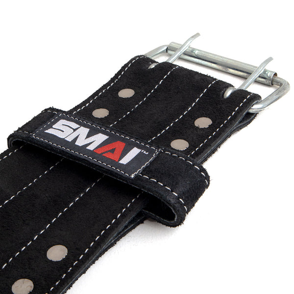 Weight Lifting Belt - Premium Suede Close up of buckle SMAI logo