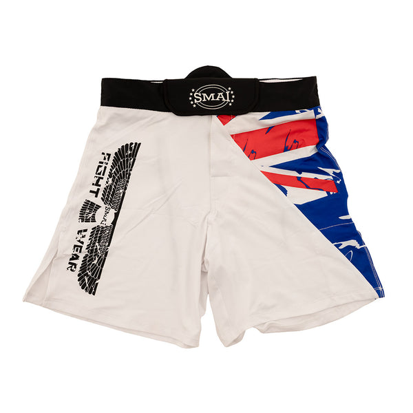 The SMAI MMA Shorts - Aussie feature a black "SMAI" waistband, Fight Wear label in black winged text on one side, and a blue, red, and white abstract design on the other. Four-way stretch technology allows optimal movement.