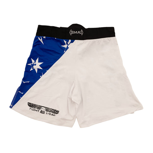 The SMAI MMA Shorts - Aussie feature a black waistband, a blue section with white stars on the left side, and a Fight Wear label with wings. Designed for comfort and flexibility with four-way stretch technology.