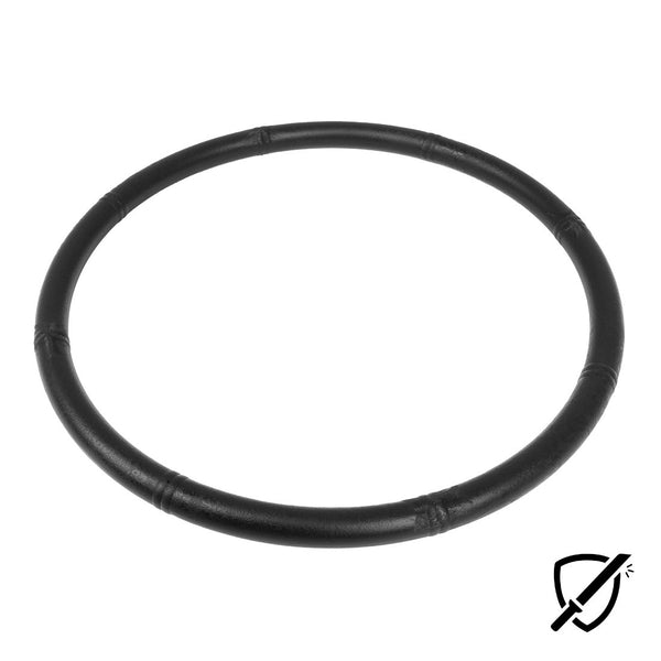 A Wing Chun / Kung Fu Training Ring in black, constructed from unbreakable polypropylene, is displayed against a plain white background. In the lower right corner, a small shield icon with a checkmark denotes protection or approval.