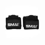A pair of SMAI Wrist Support Wraps - Weightlifting in black, shown side by side on a white background—ideal for gym wrist protection during intense workouts.