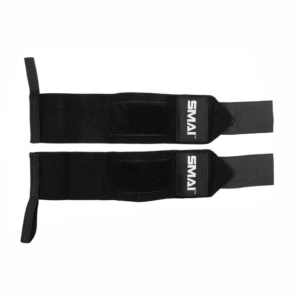 A pair of SMAI Wrist Support Wraps - Weightlifting in black, featuring Velcro straps and thumb loops, laid flat on a white background for optimal gym wrist protection.