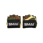 A pair of SMAI Wrist Support Wraps - Weightlifting, in camo color with black patches and white SMAI logo, displayed side by side on a white background, ideal for added wrist protection during gym sessions.