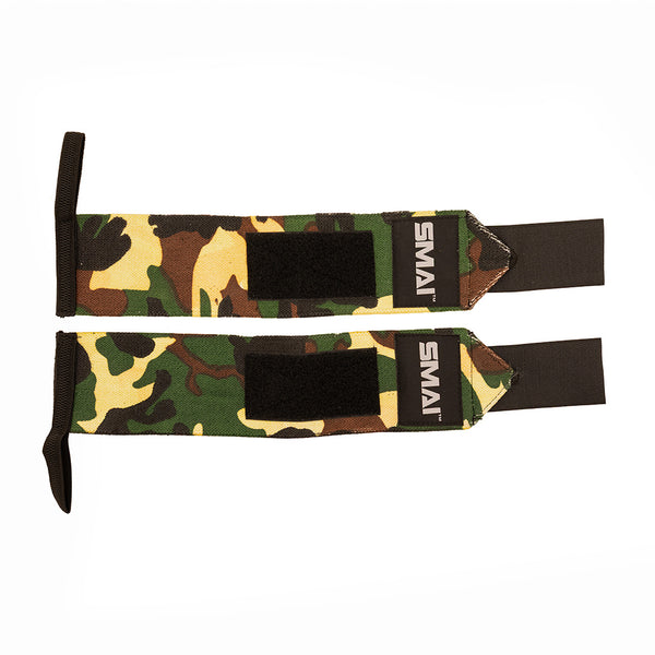 Two SMAI Wrist Support Wraps - Weightlifting, featuring a camouflage pattern and black Velcro straps for gym wrist protection, are shown flat on a white background.