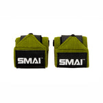 A pair of SMAI Wrist Support Wraps - Weightlifting in green are displayed side by side on a white background, providing essential wrist protection for gym workouts.