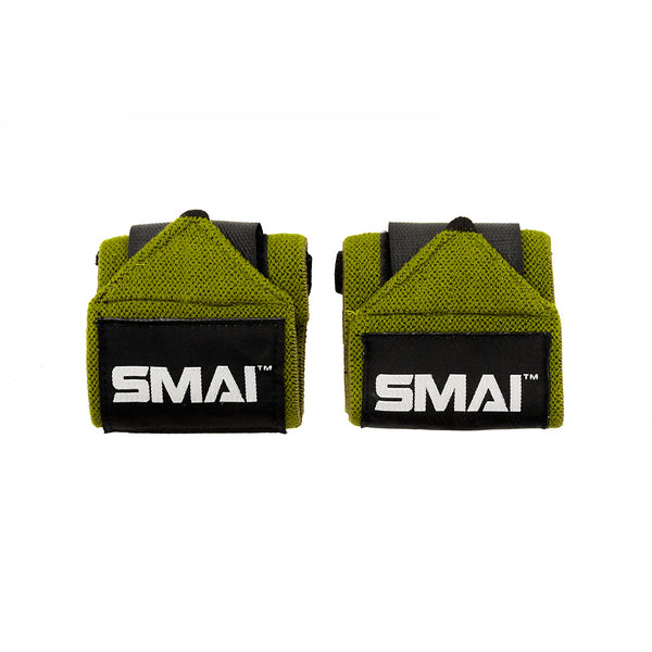 A pair of SMAI Wrist Support Wraps - Weightlifting in green are displayed side by side on a white background, providing essential wrist protection for gym workouts.