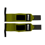 SMAI Wrist Support Wraps for weightlifting, featuring green fabric with black ends, Velcro patches, and the white "SMAI" logo on a black label, laid flat on a white surface for reliable gym wrist protection.