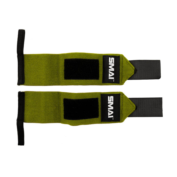 SMAI Wrist Support Wraps for weightlifting, featuring green fabric with black ends, Velcro patches, and the white "SMAI" logo on a black label, laid flat on a white surface for reliable gym wrist protection.