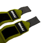 A close-up of two green and black SMAI Wrist Support Wraps - Weightlifting, featuring Velcro fastenings, displayed on a white background.