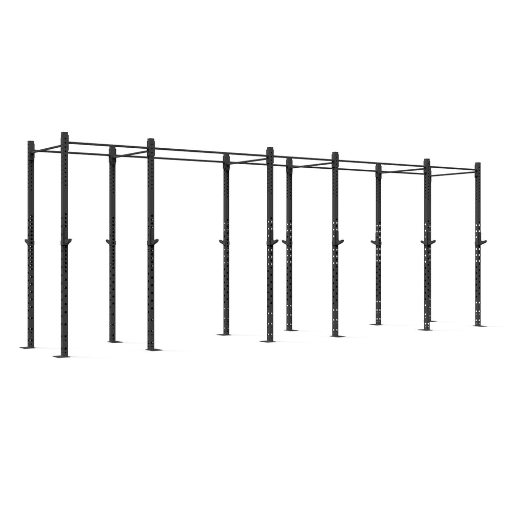 The SMAI Rig - 6 Squat Cells - X-Frame is a large black metal outdoor pull-up rig made from durable steel tubing. It includes six vertical posts and two horizontal bars for multiple pull-up stations. Displayed against a white background, it highlights its robust construction and modular design, complete with a lifetime structural warranty.