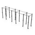 The SMAI Rig - 6 Squat Cells - X-Frame, a spacious outdoor gym rig equipped with robust steel racks and a versatile modular design featuring multiple pull-up bars and support beams, ideal for calisthenics or strength training, is set against a white background.