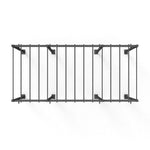 A top-down view reveals a wall-mounted coat rack made from high-gauge black steel, featuring nine parallel rods. Its minimalist design echoes the sleek structure of a Rig - 4 Squat Cells with Monkey - X-Frame by No Sync To Channel Engine and includes straightforward hooks for hanging items.