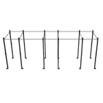 Introducing the SMAI Rig - 6 Squat Cells - X-Frame: a spacious, black metal outdoor gym setup with a modular design featuring multiple horizontal bars tailored for calisthenics enthusiasts. This commercial-grade equipment is constructed with interconnected steel tubing posts, offering varying heights to support a wide range of workout routines.