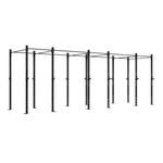 The SMAI Rig - 6 Squat Cells - X-Frame is a robust, black metal pull-up rig constructed from durable steel tubing. It boasts a modular design with multiple bars and adjustable supports and is prominently displayed on a white background.