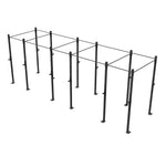 The SMAI Rig - 6 Squat Cells - X-Frame is a black metal multi-station pull-up system with a modular design. It features nine vertical posts and multiple horizontal bars crafted from durable steel tubing arranged in a grid pattern. Perfect for fitness and calisthenics exercises, this rig stands against a white background as an ideal piece of commercial equipment.