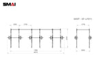 A technical drawing of a multi-rack system labeled "Rig - 6 Squat Cells - X-Frame" demonstrates its modular design with detailed dimensions. The diagram includes both front and side views, providing measurements in millimeters for various sections. The "SMAI" brand logo is prominently displayed in the top left corner.