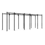 The "Rig - 6 Squat Cells with Monkey - X-Frame" by No Sync To Channel Engine is a large, black metal workout rig displayed against a white backdrop. It boasts a modular design with numerous pull-up bars and sturdy support beams, crafted from robust steel to meet commercial equipment standards.