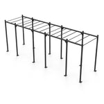 The Rig - 6 Squat Cells with Monkey - X-Frame by No Sync To Channel Engine is a black metal pull-up rig featuring a modular design with multiple horizontal bars supported by vertical poles, designed for calisthenics or gymnastic exercises, standing on a white background.