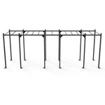 The "Rig - 6 Squat Cells with Monkey - X-Frame" by No Sync To Channel Engine is a rectangular jungle gym structure made of sturdy steel tubing, designed with multiple horizontal bars for climbing or hanging exercises, and is displayed on a white background.