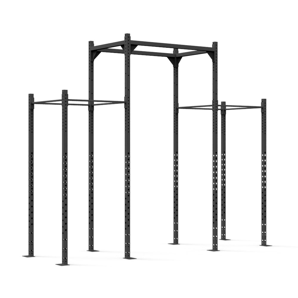 Introducing the Rig - 4 Squat Cells with Utility Bridge - X-Frame by No Sync To Channel Engine: A versatile freestanding black metal pull-up rig crafted from durable steel tubing, featuring a modular design with multiple bars and support beams ideal for gym and strength training exercises. It offers adjustable height settings and can accommodate multiple users simultaneously, all backed by a lifetime structural warranty.