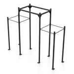 The Rig - 4 Squat Cells with Utility Bridge - X-Frame by No Sync To Channel Engine boasts a modular design featuring three horizontal bars at different heights and four strong vertical supports, all made from durable steel tubing, set against a pristine white backdrop.