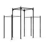 The Rig - 4 Squat Cells with Utility Bridge - X-Frame, designed by No Sync To Channel Engine, is a black multi-station pull-up rig constructed from powder coat steel tubing. It features numerous interconnected bars and stands against a white background. This modular design includes adjustable holes, making it perfect for various fitness exercises.