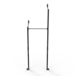 The Wall Mounted Rig - 1 Squat Cell with Bridge - X-Frame by No Sync To Channel Engine is expertly crafted from durable steel tubing. It features two vertical metal posts with multiple adjustment holes, connected by a horizontal bar bridging at the top. This piece of commercial equipment is set against a plain white background, highlighting its sleek and modular design.