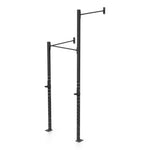 The Wall Mounted Rig - 1 Squat Cell with Bridge - X-Frame by No Sync To Channel Engine is a black metal squat rack designed for wall mounting. It boasts a modular design with adjustable hooks and a pull-up bar extension. Its steel construction ensures a sturdy frame, complete with multiple holes for height adjustments, making it ideal for use as commercial equipment.