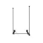The No Sync To Channel Engine Wall Mounted Rig - 1 Squat Cell with Bridge - X-Frame is a minimalist black ceiling-mounted steel rack that features two vertical and one horizontal bar against a white background, highlighting its modular design.