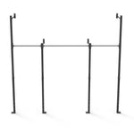 Introducing the Wall Mounted Rig - 2 Squat Cell with Bridge - X-Frame by No Sync To Channel Engine. This robust, freestanding black steel pull-up rack boasts a modular design with three vertical posts and a horizontal bar, ideal for workouts. It is a piece of commercial equipment elegantly displayed against a plain white background.