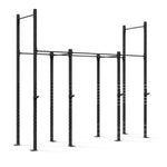 Introducing the "Rig - 4 Squat Cell with Bridge" by No Sync To Channel Engine, a black metal power rack constructed from durable steel tubing. It includes adjustable pull-up bars and support beams to provide various positions for tailored exercises and ensure stability. With its minimalistic design, it is perfect for functional strength training in a gym environment, meeting commercial equipment standards.