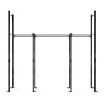 Introducing the Rig - 4 Squat Cell with Bridge by No Sync To Channel Engine: a black metal outdoor pull-up apparatus featuring a modular design, adjustable height bars, and sturdy vertical posts connected by horizontal steel tubing. This equipment is suitable for strength training and calisthenics exercises, catering to those seeking commercial-grade performance.