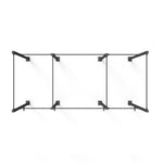 Introducing the Rig - 4 Squat Cell with Bridge by No Sync To Channel Engine: A ceiling-mounted black metal frame featuring three open rectangular sections, constructed from steel tubing and finished with a durable powder coat. This design embodies a minimalistic, industrial style, providing a modular solution for hanging items or supporting structures.