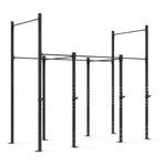 Introducing the "Rig - 4 Squat Cell with Bridge" by No Sync To Channel Engine: This commercial-grade equipment is a large black steel modular gym rig, expertly crafted with durable steel tubing. It features multiple pull-up bars and adjustable heights, making it perfect for cross-training and fitness exercises. Its versatile modular design includes vertical and horizontal beams, offering varied workout options.