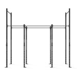 The Rig - 4 Squat Cell with Bridge by No Sync To Channel Engine is a large, freestanding pull-up and exercise rig with a modular design that includes multiple bars and adjustable holes for customization. Made from dark steel tubing with a durable powder coat finish, it's ideal for fitness routines on a white background.