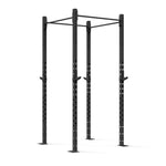 The Rig - 2 Squats Cells - X-Frame by No Sync To Channel Engine is a black metal power rack featuring four vertical posts made from high-gauge steel tubing. It is perfect for weightlifting and strength training exercises and ideal for use in commercial gyms. The rack includes adjustable safety catches as well as a pull-up bar on top.