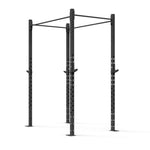 The Rig - 2 Squats Cells - X-Frame by No Sync To Channel Engine is a black metal power rack constructed from high-gauge steel tubing. It includes adjustable hooks and dual pull-up bars, ideal for strength training in a commercial gym setting. The structure is supported by four sturdy posts and features numerous pre-drilled holes for customization.
