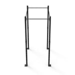 The Rig - 2 Squats Cells - X-Frame by No Sync To Channel Engine is a black power rack crafted from high-gauge steel tubing. It includes adjustable holes for customizing height settings and features a pull-up bar at the top. This equipment is ideal for weightlifting and strength training, making it perfect for both personal home workouts and commercial gym use.