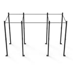 The SMAI Rig - 4 Squat Cells is a black metal gym pull-up rig featuring a modular design with multiple bars and adjustable height settings, perfect for strength training. Made from durable steel tubing, it comes with a lifetime structural warranty. The structure is showcased against an empty, plain background.