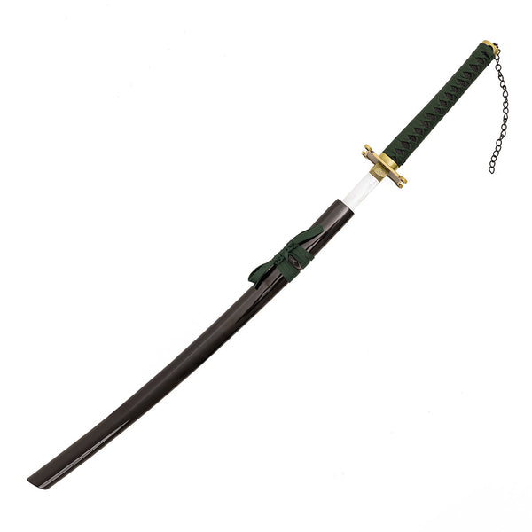 The Shackled Emerald Anime Display Katana by SMAI features a green-wrapped handle with gold accents, a black scabbard, and attached decorative cord with chain. This replica anime sword is shown diagonally on a white background.