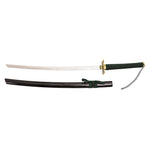 The SMAI Shackled Emerald Anime Display Katana features a green-wrapped handle, gold guard, and glossy black scabbard. Inspired by anime weaponry, this display sword is shown unsheathed in its full detail.