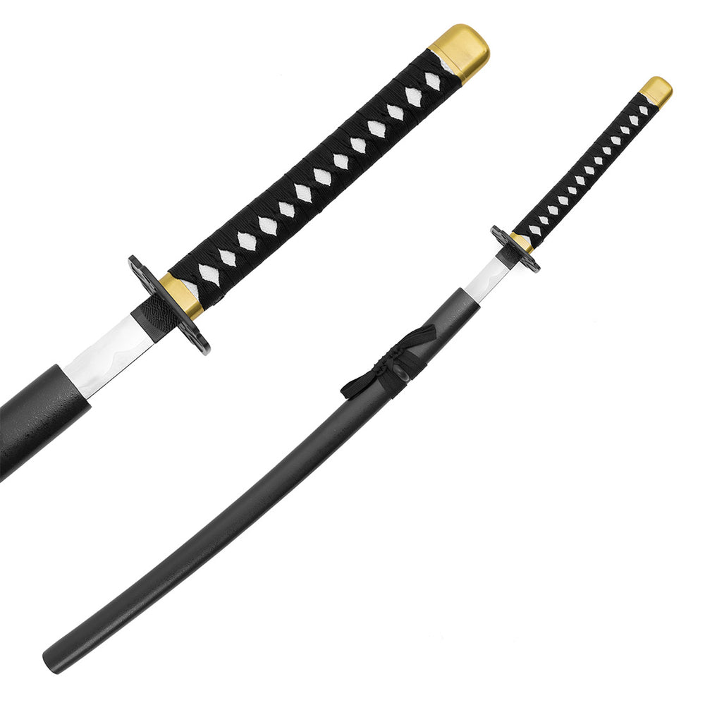 The SMAI Display Carbon Samurai Katana - Black Lotus features a black and gold handle, silver blade with visible hamon, and a black sheath with tied cord—ideal as a display samurai sword, shown both sheathed and unsheathed.