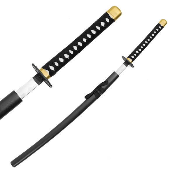 The SMAI Display Carbon Samurai Katana - Black Lotus features a black and gold handle, silver blade with visible hamon, and a black sheath with tied cord—ideal as a display samurai sword, shown both sheathed and unsheathed.