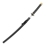 The SMAI Display Carbon Samurai Katana - Black Lotus features a black scabbard, black and white handle, gold-accented pommel and guard, and a black cord on the sheath—ideal as a striking display sword.