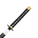 A close-up of the SMAI Display Carbon Samurai Katana - Black Lotus shows its black and white diamond-patterned handle wrap, gold-tone pommel, and part of the blade and guard—an elegant katana replica set against a white background.