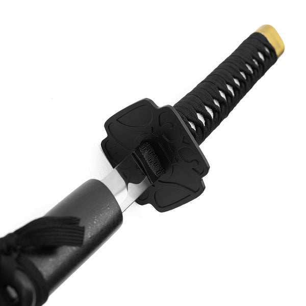 A close-up of the SMAI Display Carbon Samurai Katana - Black Lotus handle with black braided grip, black tsuba, and gold pommel, partially sheathed in a black scabbard—an elegant replica set against a white background.