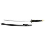 The SMAI Display Carbon Samurai Katana - Black Lotus features a curved silver blade and a black diamond-pattern handle, shown with its matching scabbard—perfect as a striking display piece.