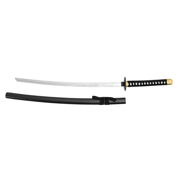 The SMAI Display Carbon Samurai Katana - Black Lotus features a curved silver blade and a black diamond-pattern handle, shown with its matching scabbard—perfect as a striking display piece.