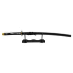 The SMAI Display Carbon Samurai Katana - Black Lotus, featuring a black scabbard and gold accents, is elegantly displayed on a black sword stand against a white background.